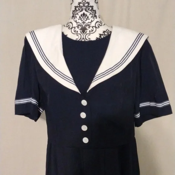 Vintage 80's 90's J.B.S. LTD Navy Blue Sailor Inspired Midi Dress USA Made - Picture 9 of 14
